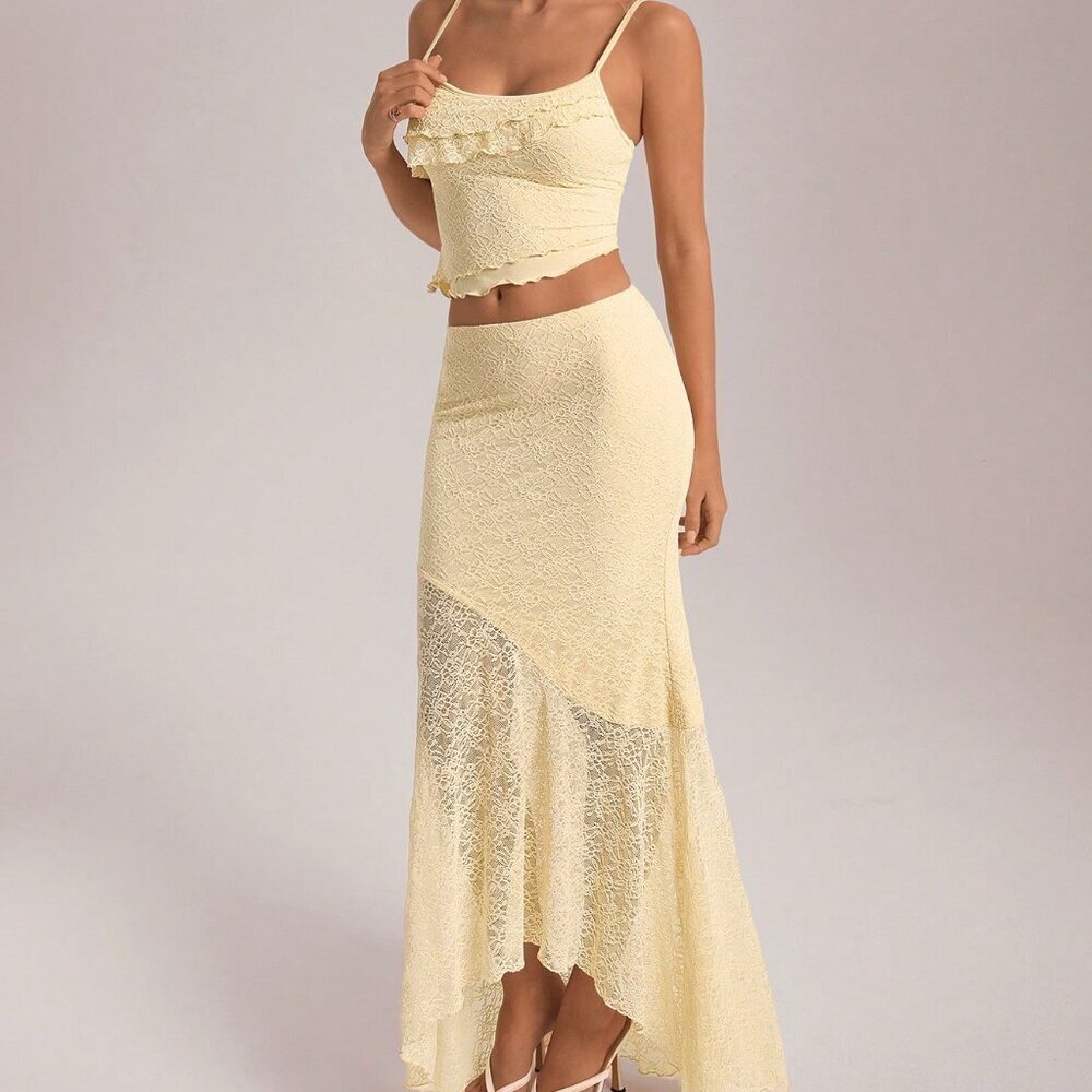 Apricot Elegant Women's Asymmetrical Lace Vest & Ruffled Skirt Set